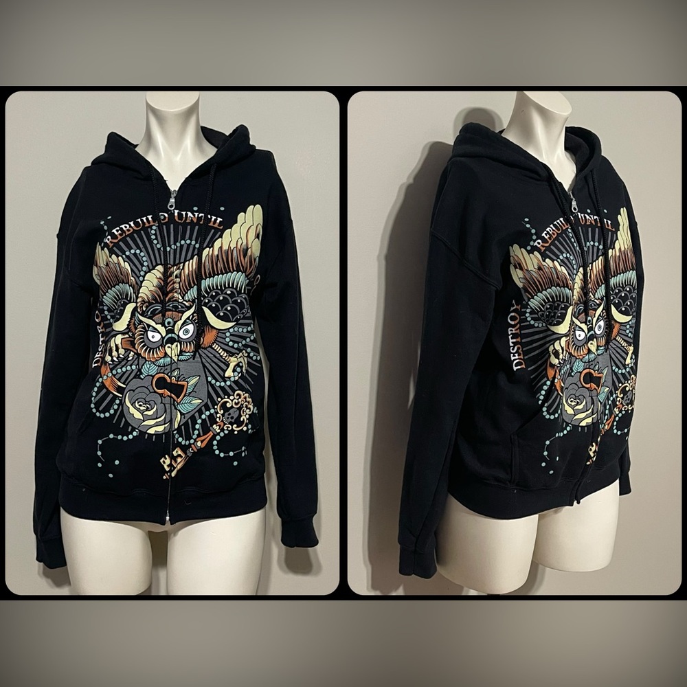 VTG Y2K Destroy Rebuild Until God Shows D.R.U.G.S. Graphic Band Zip-Up Jacket S